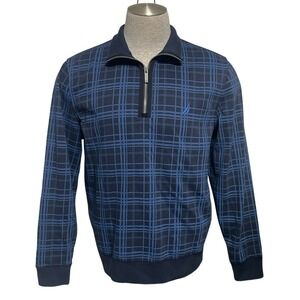 Nautica Men's Navy/Blue Plaid Quarter Zip Pullover Sweater Mens L